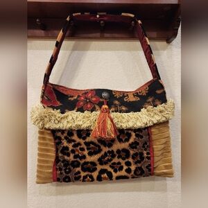 Tapestry Patchwork Shoulder Bag-Tasseled Fringe, Animal Print, Pearl Detail
